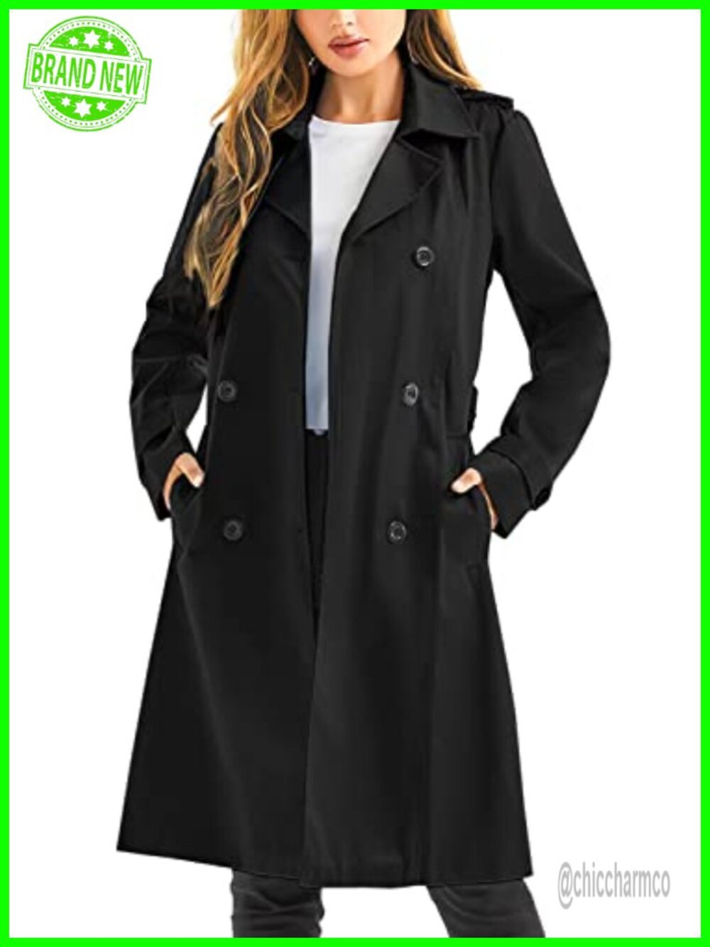 Waterproof Trench Coat Long Double Breasted Belted Windbreaker Removable Hood
